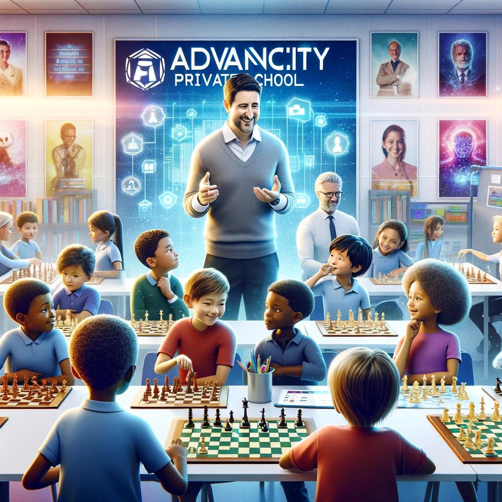 The digital picture has been created to visually represent the vibrant and educational atmosphere of the Advancity Chess Group. It captures the essence of a welcoming chess classroom at Advancity Private School, where children are engaged in learning chess under the guidance of an experienced coach. This image embodies the blend of traditional and online chess play, set in a futuristic and engaging learning environment.